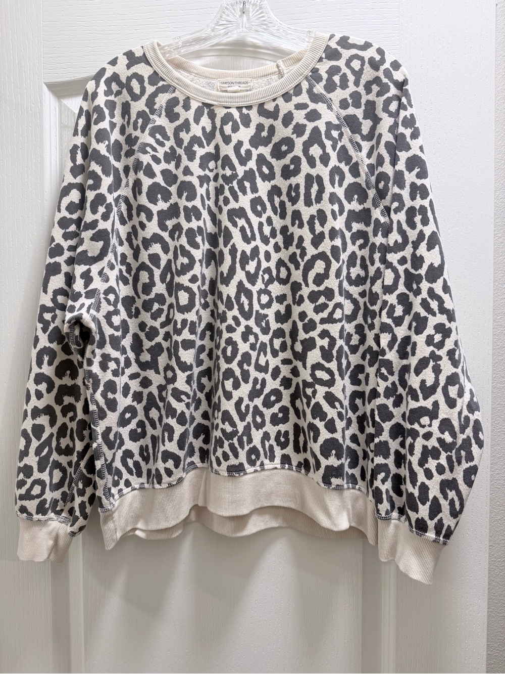 Grayson Threads Cream and Gray Leopard Crewneck Sweatshirt